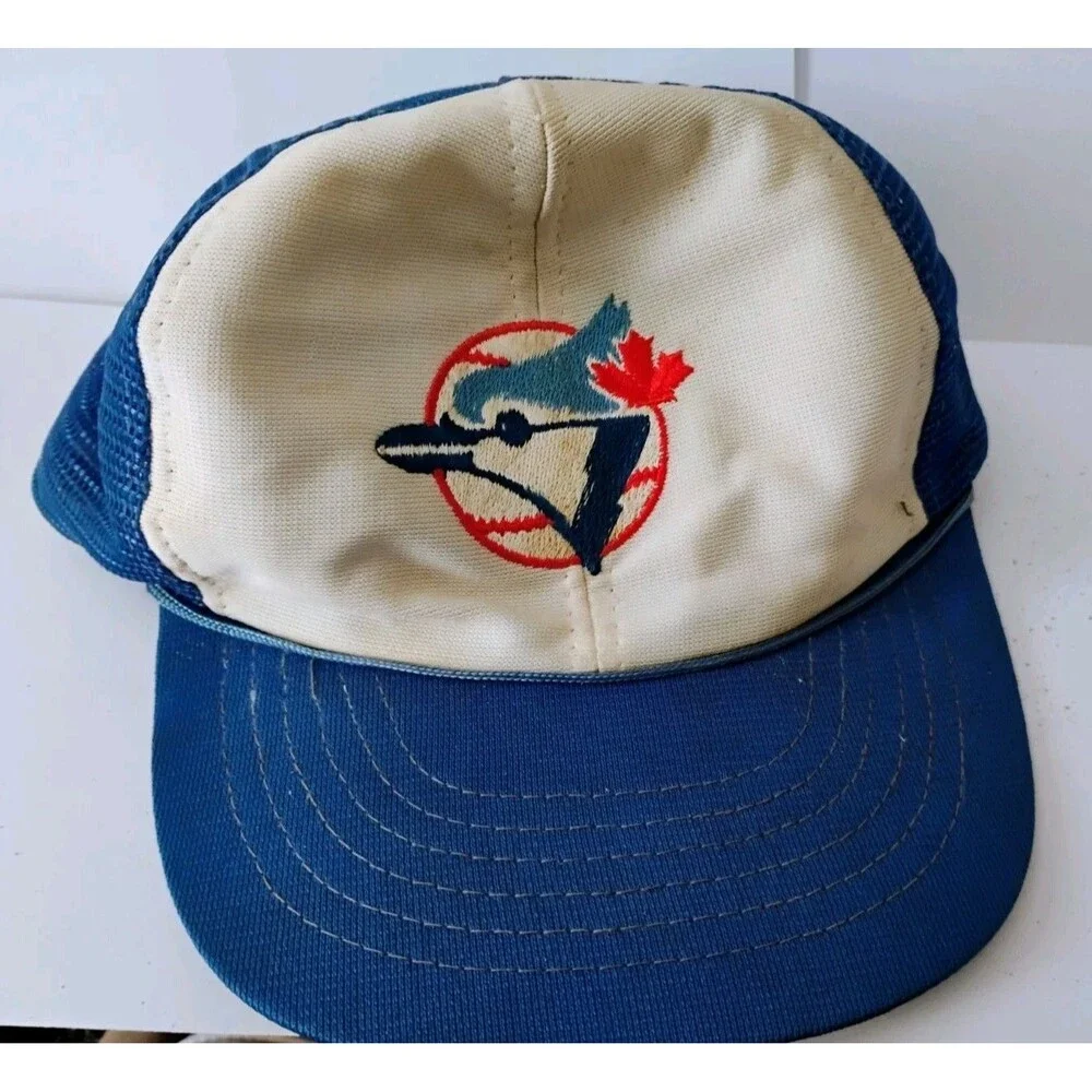 Vintage 80s Toronto Blue Jays Mesh Trucker Hat MLB Snapback Green Underbrim USA